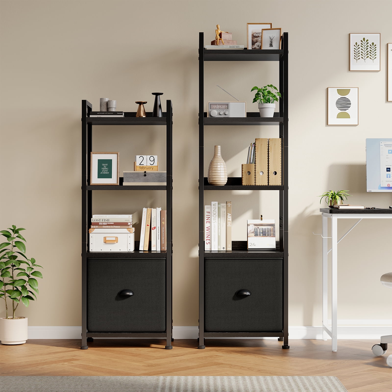 CONCETTA 4 Tier Bookshelf with Drawer, Tall Narrow Bookcase with Shelves, Wood and Metal Storage Organizer for Bedroom, Living Room, Rustic Brown