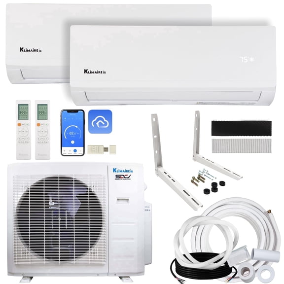 Klimaire 26,000 BTU Hyper Heat 2-Zone 23 SEER2 Heat Pump Wall Mounted Mini Split Heat Pump System w/ All Inclusive Installation Kits (9,000 BTU   12,000 BTU) - R454B