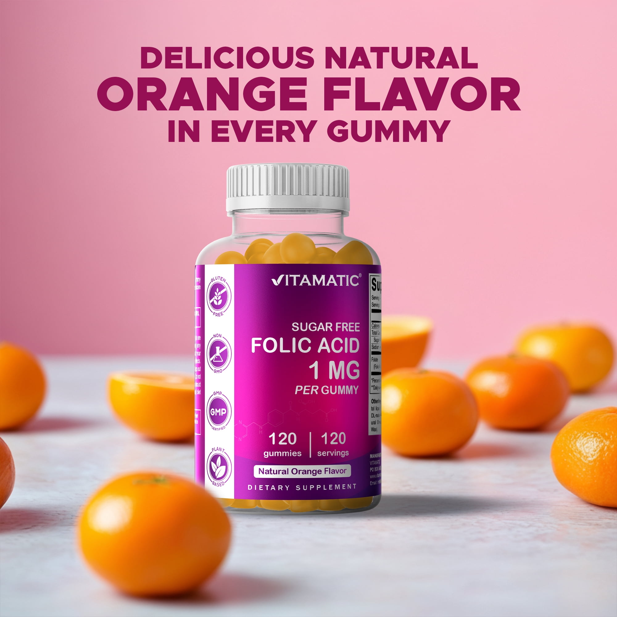 2 Pack Vitamatic Folic Acid Gummies 1000 mcg (1 mg) - an Essential Prenatal Vitamins for Mom & Baby - Vitamin B9 - 120 Vegan Gummies