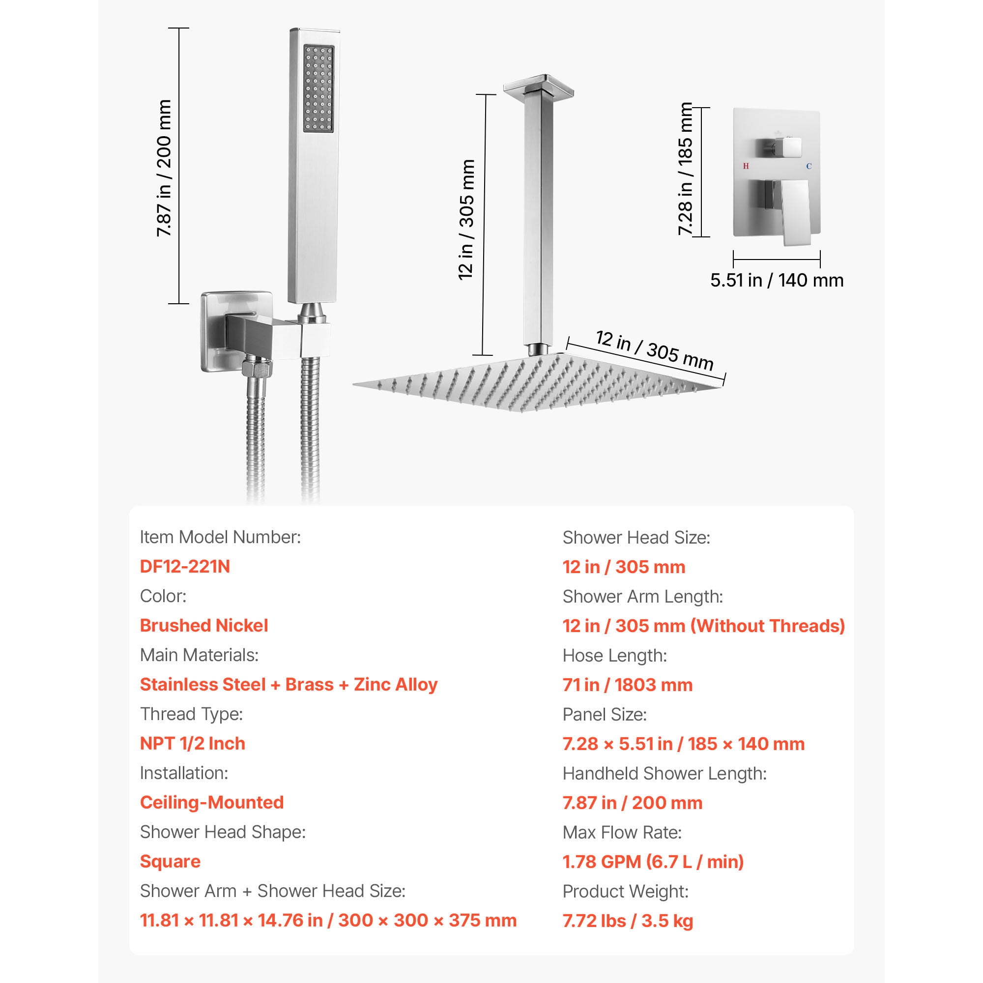 KFFKFF Shower Faucet Set with 12-Inch Rain Shower Head and Handheld Spray, Ceiling-Mounted Bathroom System with Brass Valve and Trim Kit, Brushed Nickel Finish