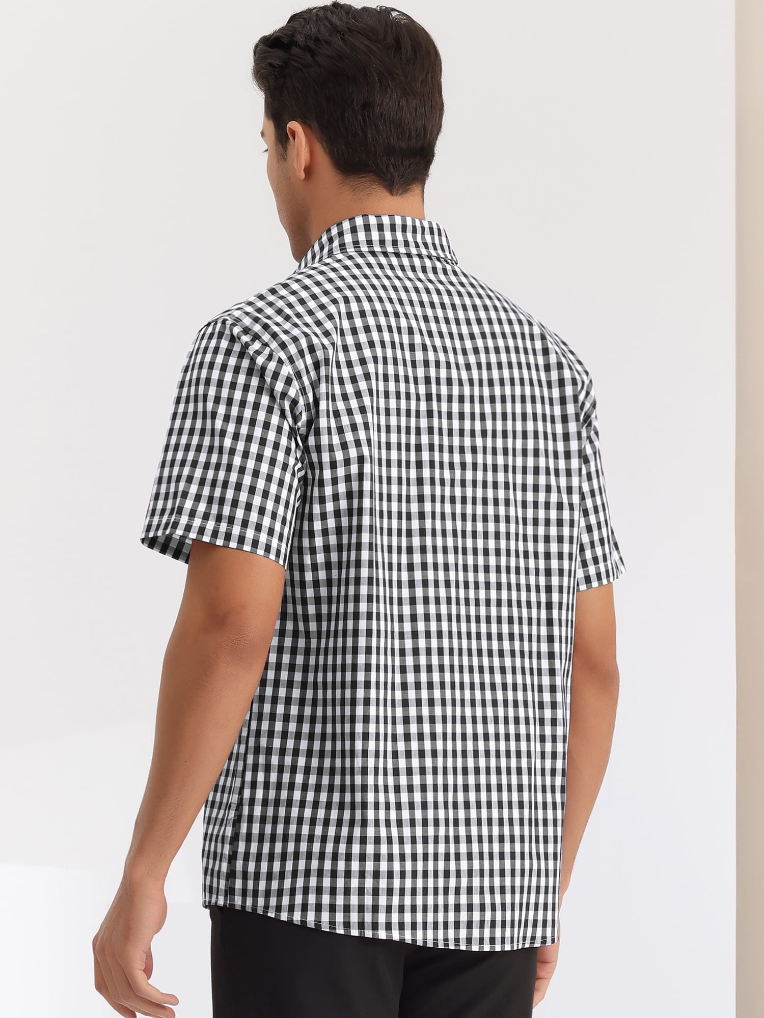 DARING DIVA Men's Checked Short Sleeves Button Plaid Tartan Dress Shirt L Black