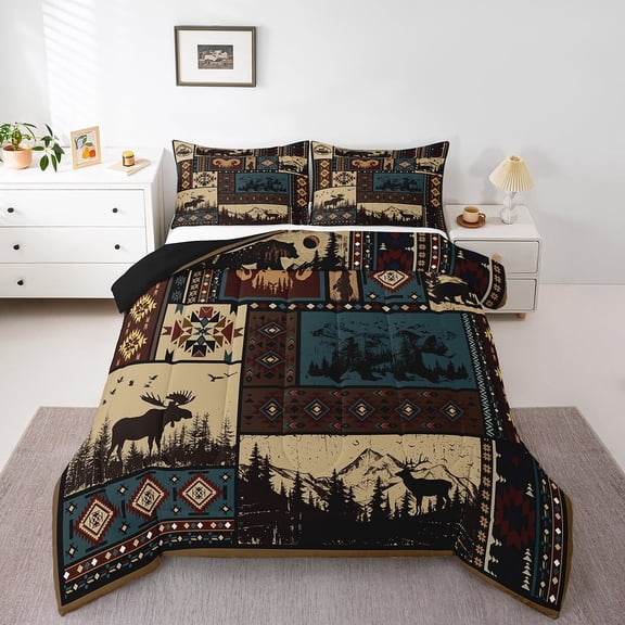 Erosebridal Aztec Comforter Sets Queen Rustic Southwestern American Native Bedding Set,Bear Deer Moose Quilt Retro Indian Style Hunting Animal Duvet Insert with 2 Pillowcase Microfiber