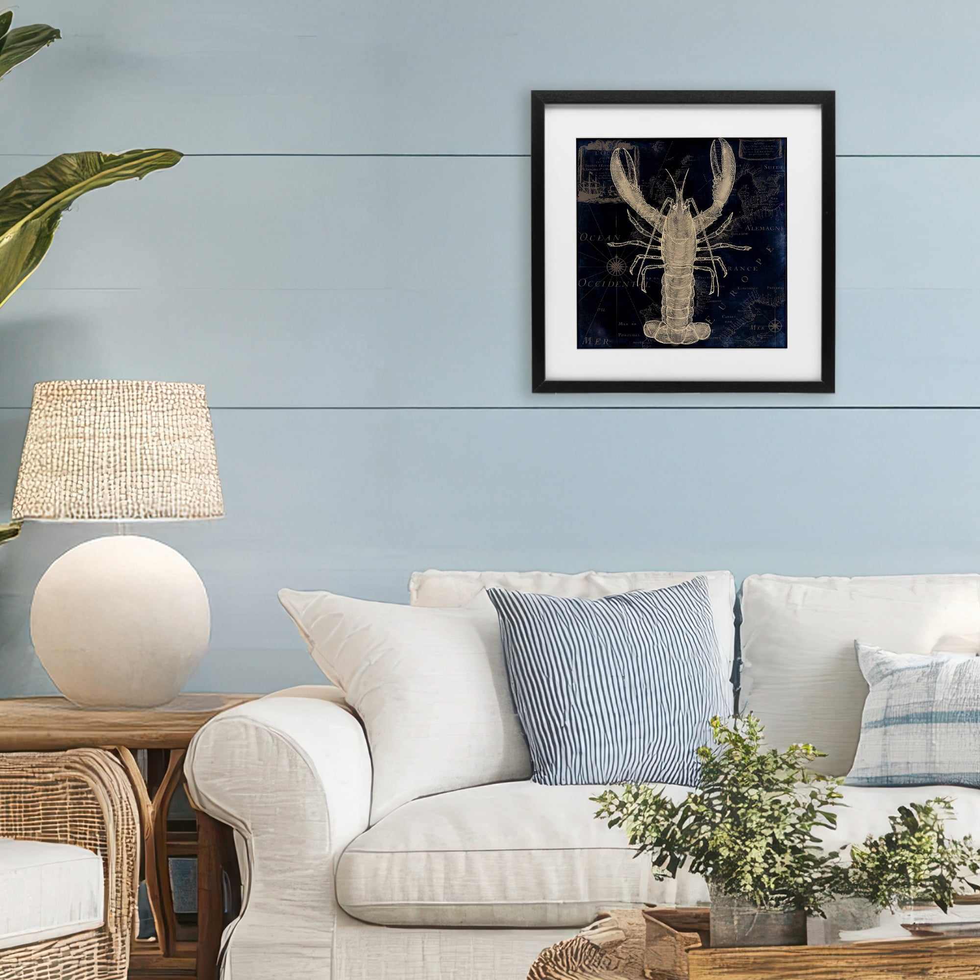 Lobster Contour over Map Black Framed Print Under Glass, design by Sasha