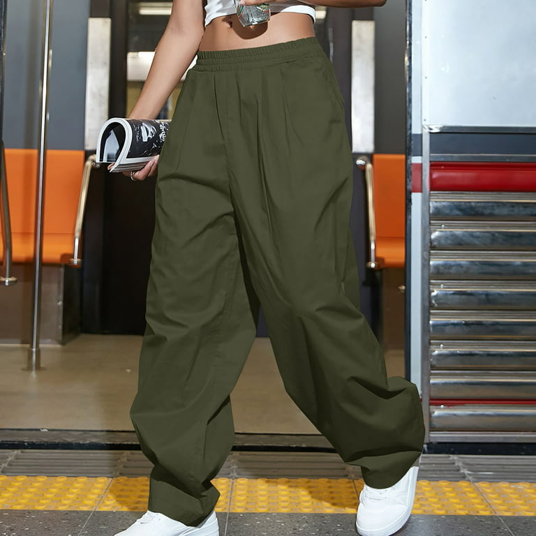 Korean Fashion Green Cargo Parachute Pants Women Hippie Streetwear