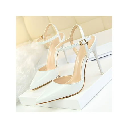 

Gomelly Women Strappy Sandal Ankle Strap Heeled Sandals Stiletto High Heels Nonslip Dress Shoes Wedding Party White 7.5