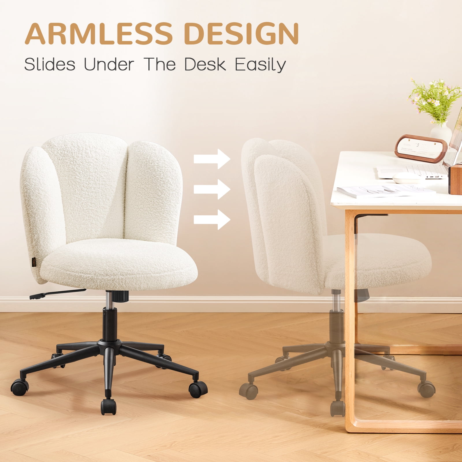 Furniliving Modern Upholstered Home Office Chair with Cloud Shaped Backrest, Cute Armless Vanity Chair, 360° Swivel Height Adjustable Desk Chair, Computer Task Chair for Bedroom, White