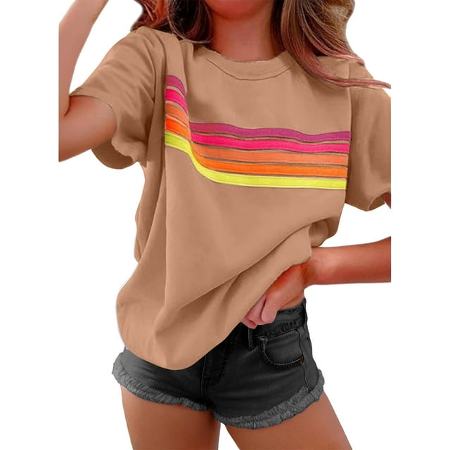 Tnhcen Women's Spring Summer Color-Blocked Striped Crewneck T-Shirt | Basics Plus Size Friendly (S-2XL) Summer Print Tops