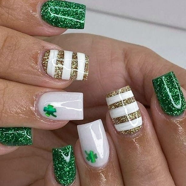 Uñas postizas (24 unidades) para el Día de San Patricio. Uñas postizas, adhesivos para uñas, adhesivos de larga duración para uñas completas.