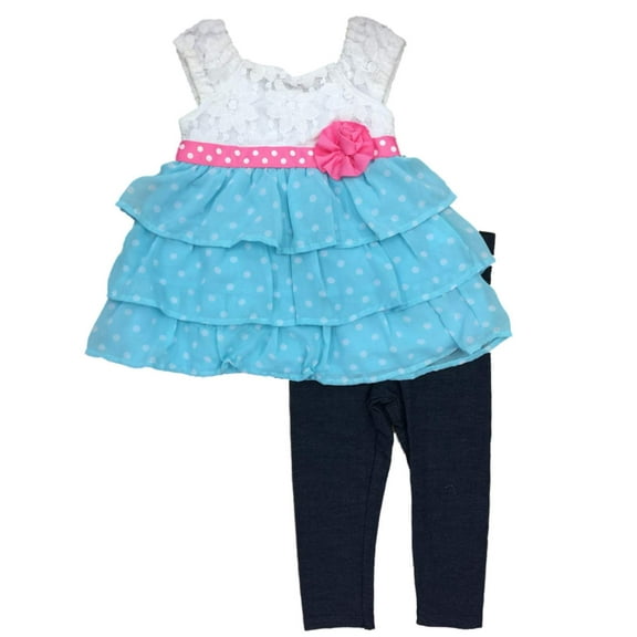 Infant Girls Baby Outfit Blue & White Ruffle Polka Dot Shirt & Jeggings Set 24m