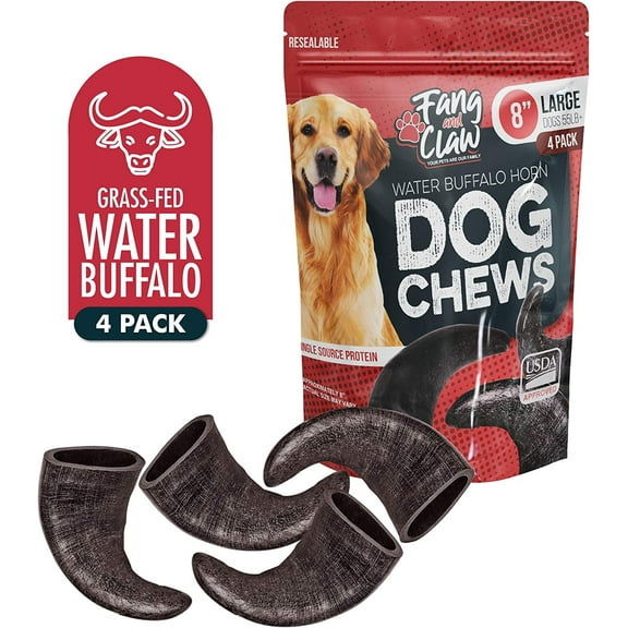 Water Buffalo Horn Dog Chew 4 Pack - Large 8" - All Natural Free Range Grass Fed Single Source Protein - No Chemicals, Additives, Hormones - Long Lasting, Good for Aggressive Chewers – by Fang & Claw