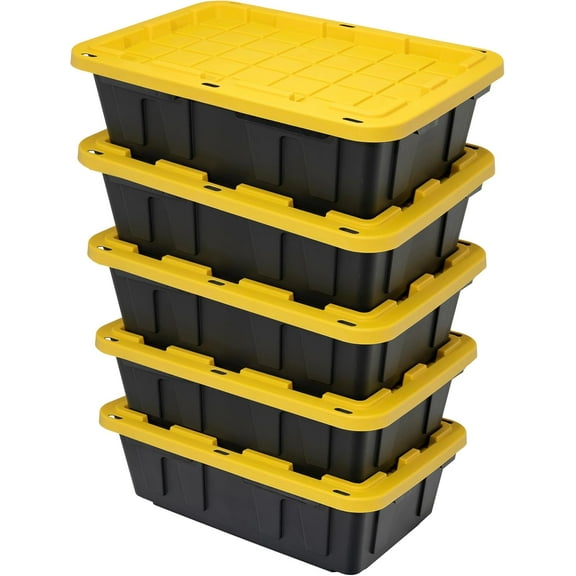 CX BLACK & YELLOW, 15-Gallon Heavy Duty Tough Storage Container & Snap-Tight Lid, (9.5"H x 20.6"W x 30.6"D), Weather-Resistant Design and Stackable Organization Tote [5 Pack]