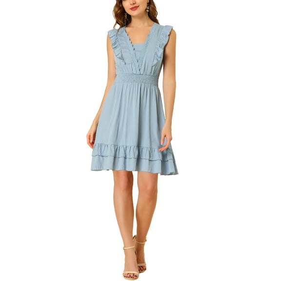 Allegra K Women's Sleeveless V Neck Lace Trim Ruffled Dresses