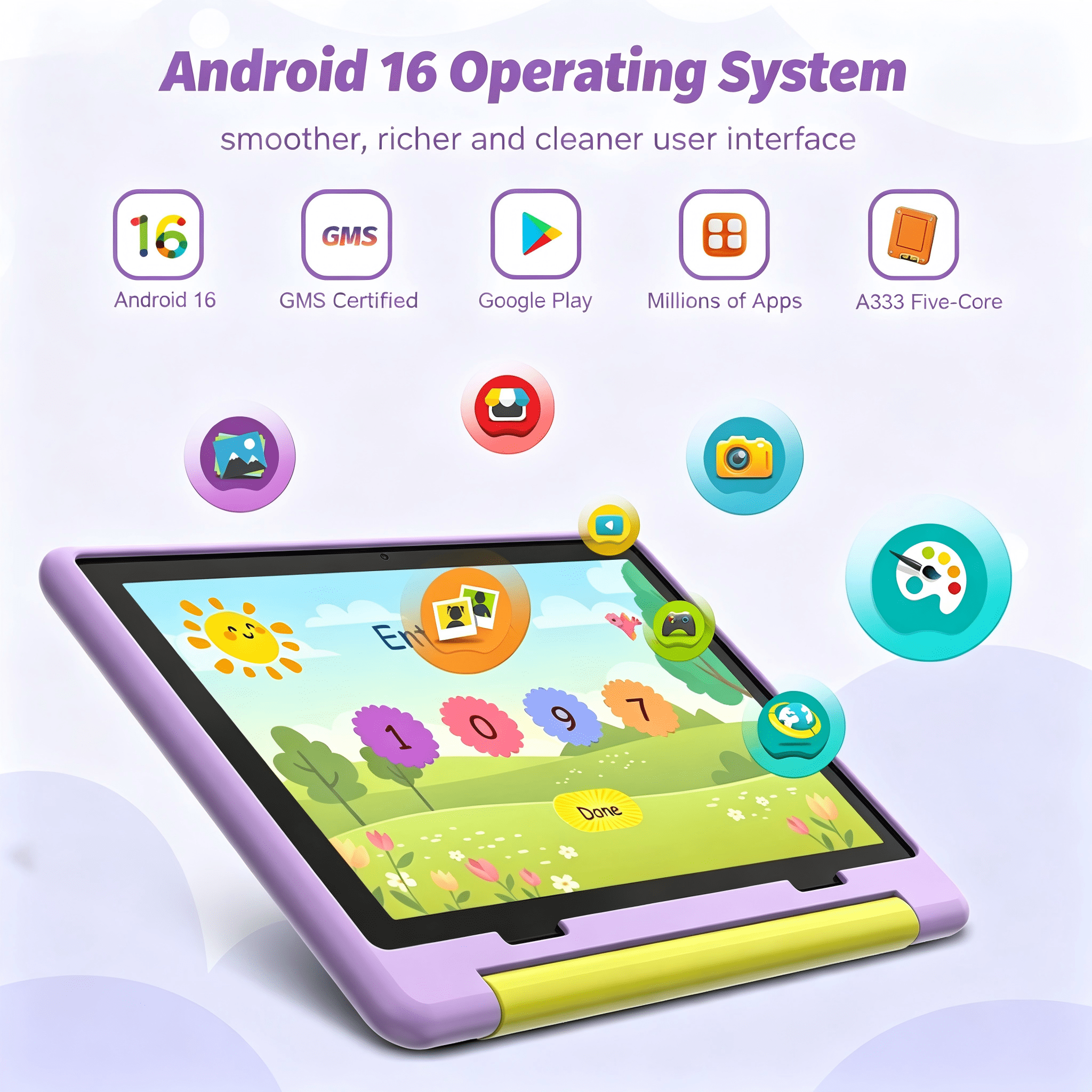BESTSKI Kids Tablet 10-Inch Android 16 for Ages 3-12, 5-Core 20GB+64GB (1TB Expandable), Parental Control, Pre-Installed KIDOZ & Shockproof Case (Purple)