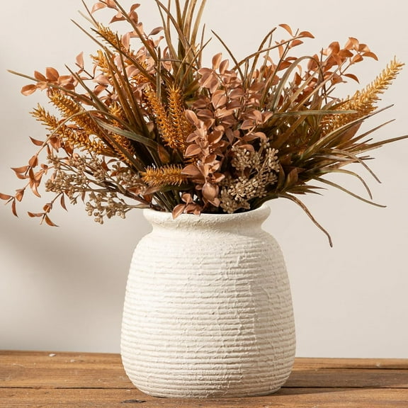 Ceramic Flower Vase, 7.48 Inch White Rustic Farmhouse Decorative Vase Pottery Wide-Mouth Vases for Home Decor Table Living Room Entryway Mantel Bookshelf Bedroom Bathroom Kitchen