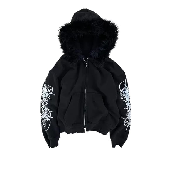 XIAOCHA Side Graphic Zip Up Hoodie For Women Faux Fur Collar Cropped Fit Street Sweatshirt