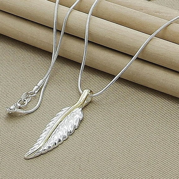 GKNET 925 Sterling Silver Feather Pendant Necklace Snake Chain Fashion Jewelry