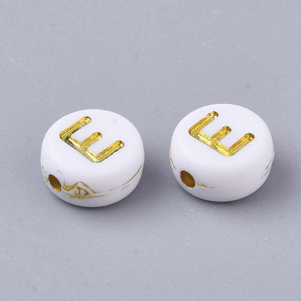 500 g Plating Acrylic Beads Golden Metal Enlaced Horizontal Hole Flat Round White Letter.E 7x3.5mm Hole: 1.2mm about 3600pcs/500g