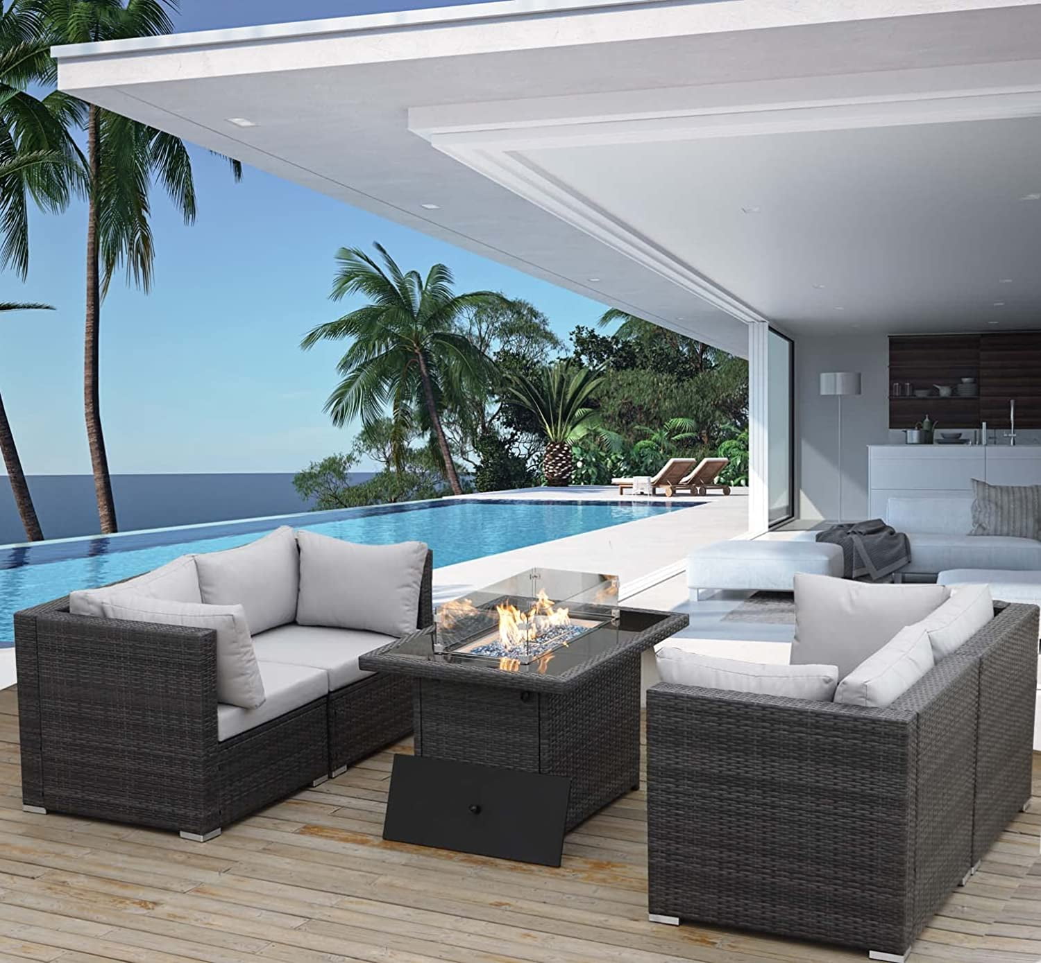 NICESOUL 5 Pcs PE Rattan Outdoor Patio Sets with Fire Pit Table Light