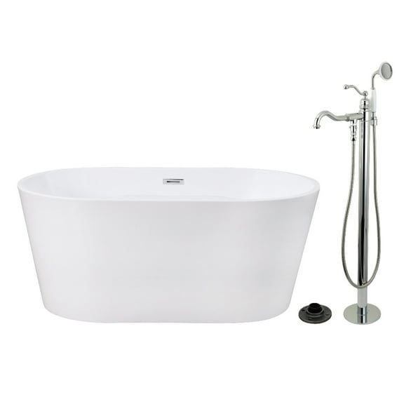 Kingston Brass KTDE5632131AL 56" Acrylic Oval Double Ended Freestanding Tub with Faucet Combo and Drain, Glossy White/Polished Chrome