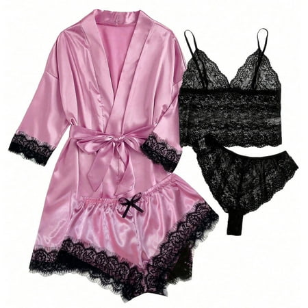 Levmjia Women s Short Sleeve Pajama Sets Nightshirts 4-Piece Women Sexy Garter Lingerie Set Robes Lace Bodysuit Deep-V Neck Underwear