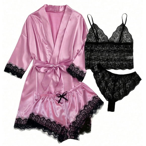 Levmjia Women's Short Sleeve Pajama Sets Nightshirts 4-Piece Women Sexy Garter Lingerie Set Robes Lace Bodysuit Deep-V Neck Underwear