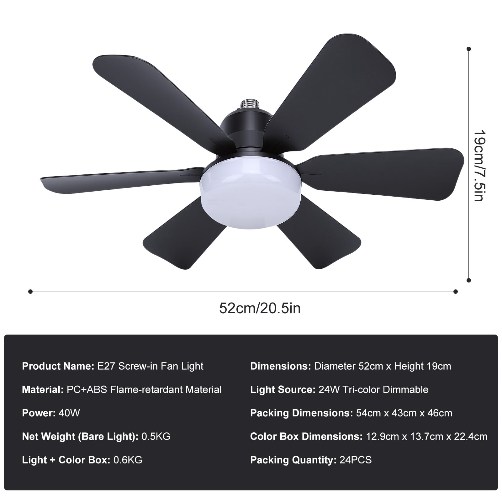 Socket Fan Light with Remote, 20.5in Small Ceiling Fan with 3-Speeds, Dimmable LED, E26/E27 Base, 6 Blades Light Socket Fan for Kitchen Bedroom