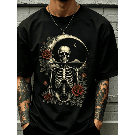 Men's Gothic Crescent Moon Skeleton Red Rose Graphic T-Shirt, Vintage Dark Floral Skull Short Sleeve Crew Neck Casual Tee