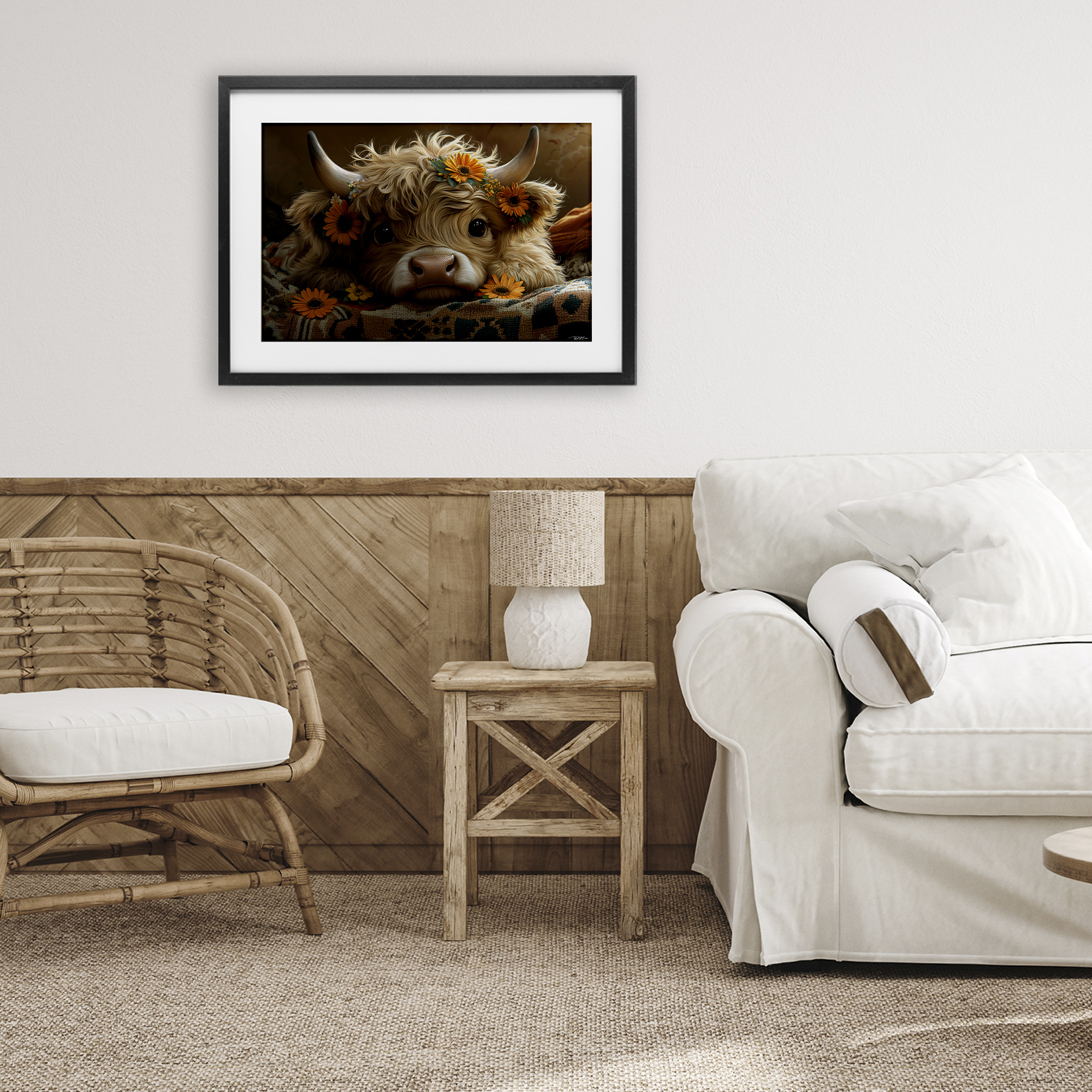 Adorable Flower Bedecked Cattle Black Framed Print Under Glass, design by Momart
