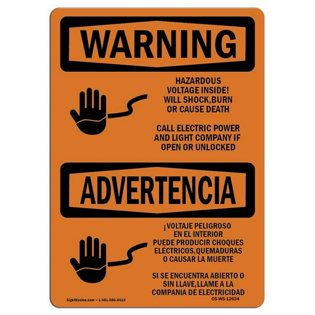 SignMission OS-WS-A-1824-L-12634 18 x 24 in. OSHA Warning Sign - Hazardous Voltage Shock Burn Bilingual