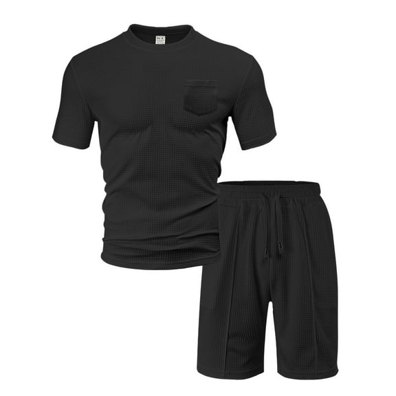 Wyobmus Men's 2 Piece Tracksuit Solid Color Muscle Texture Sweatsuits Short Sleeve Crewneck Summer T Shirt and Drawstring Casual Track Shorts Set Black