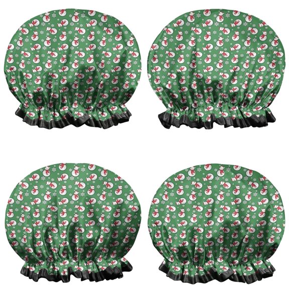 Shower Caps,Green Christmas Snowman Pattern Waterproof Shower Cap for Women 4 Pieces,Double Reusable Hair Cover for Shower PEVA Elastic Stretch Hem