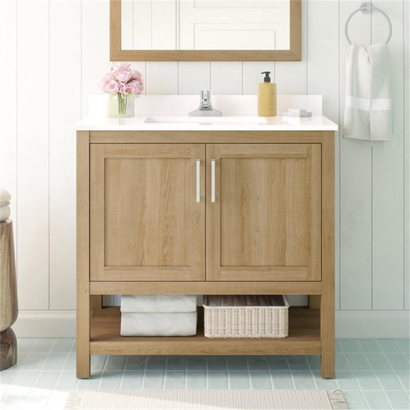 Pemberly Row 36" Bathroom Vanity in White Oak with White Countertop
