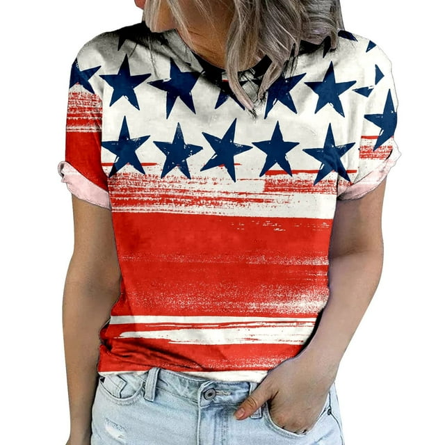 Pompotops T-Shirts d'Été pour Femmes Col Rond Imprimé Jour de l'Indépendance Blouse Décontractée à Manches Courtes