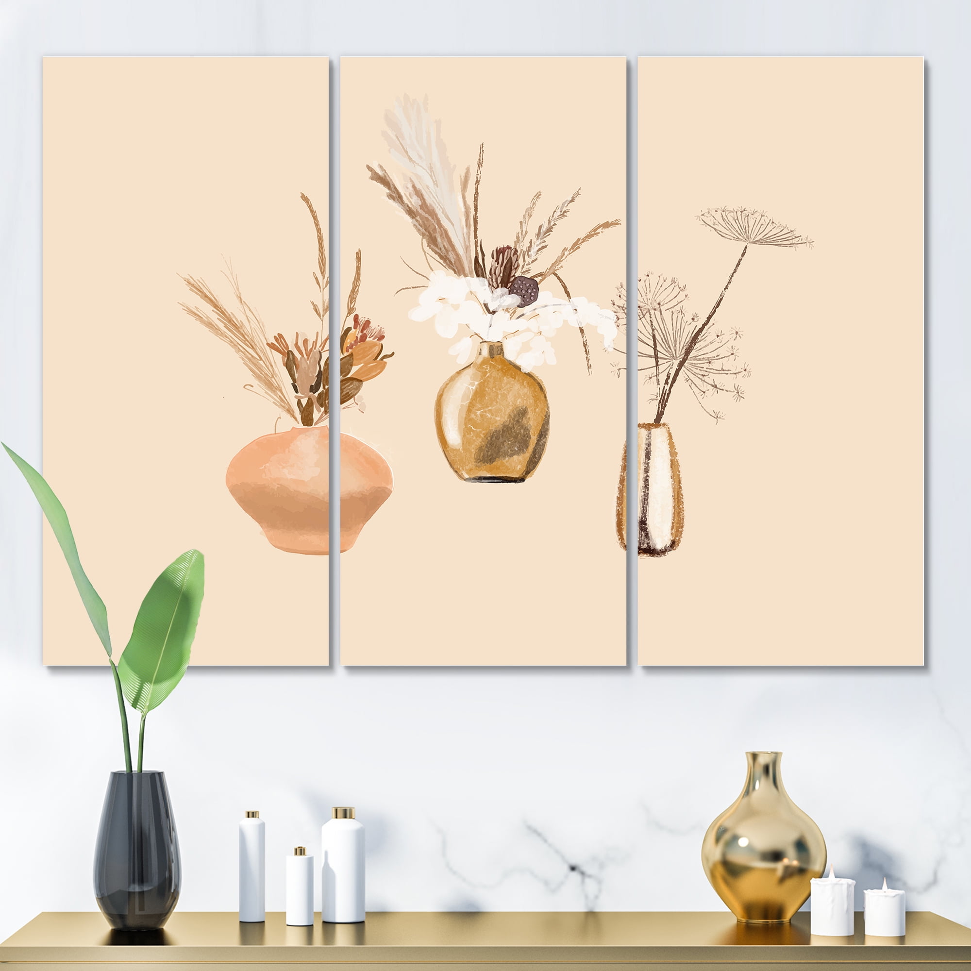 Designart ' Gold Vases With Bouquets Of Wildflowers I ' Traditional Canvas Wall Art Print
