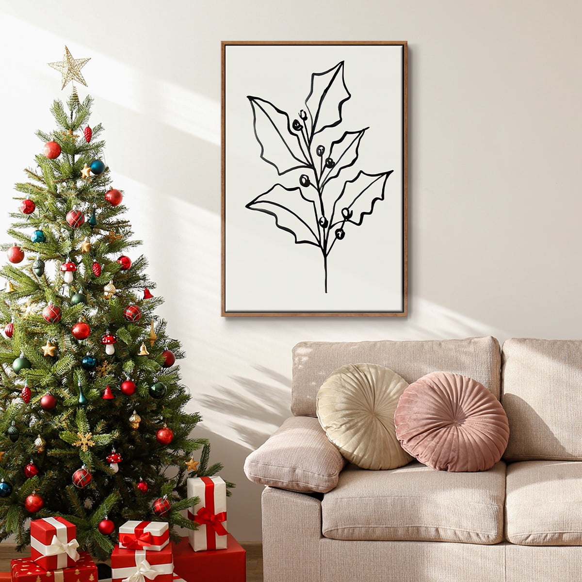 Evergreen Ink I - Framed Gallery Wrapped Holiday Canvas - 25 x 37 - Rosewood Frame