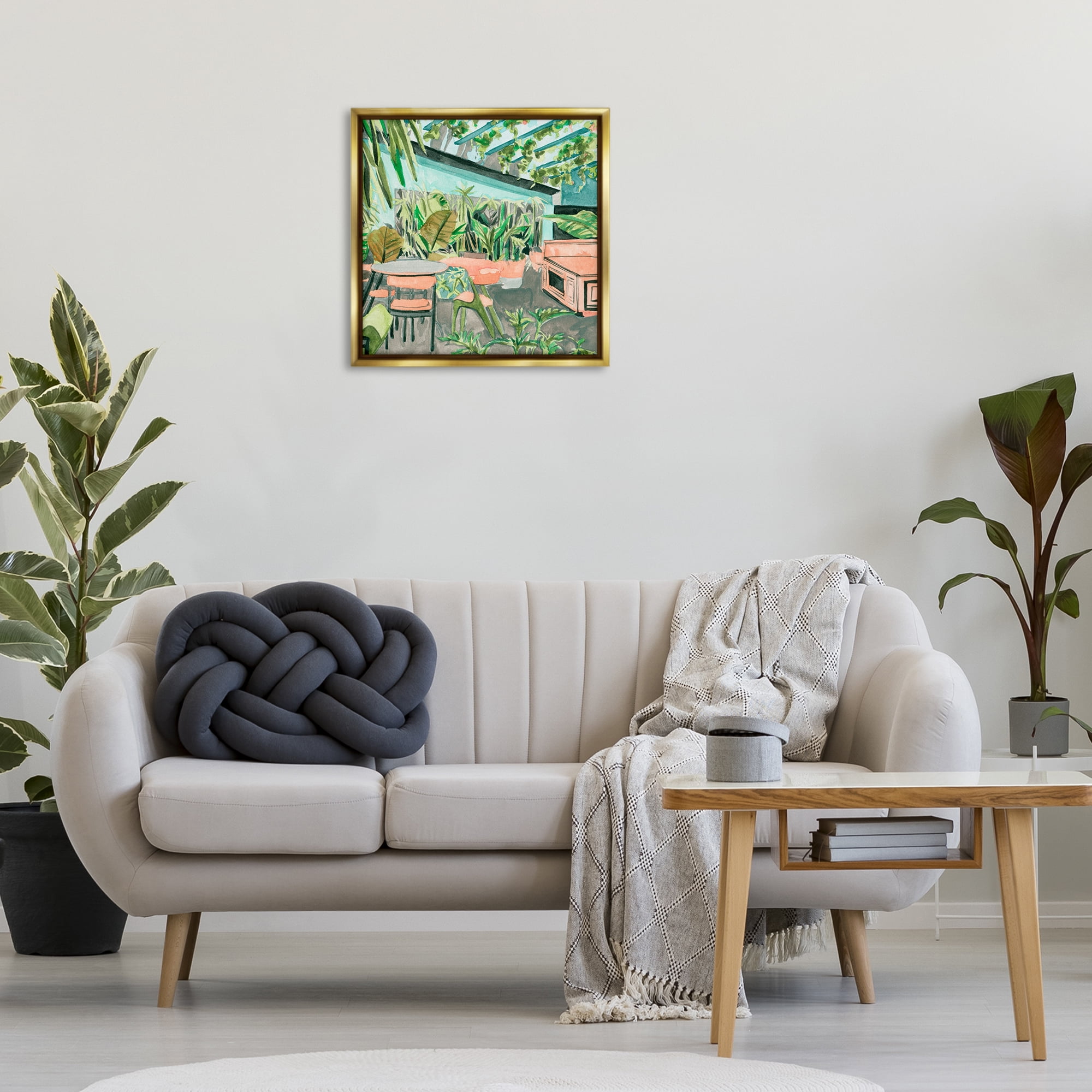 Stupell Industries Greenhouse Plants Café Furniture Painting Gold Floater Framed Canvas Art Print Wall Art, 25 x 25