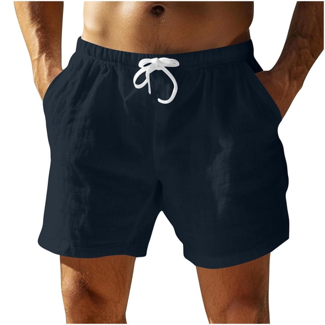 YanHoo Mens Beach Shorts 5 Inch Inseam Cotton Linen Drawstring Baggy Shorts Summer Elastic Waist Workout Shorts with Pocket