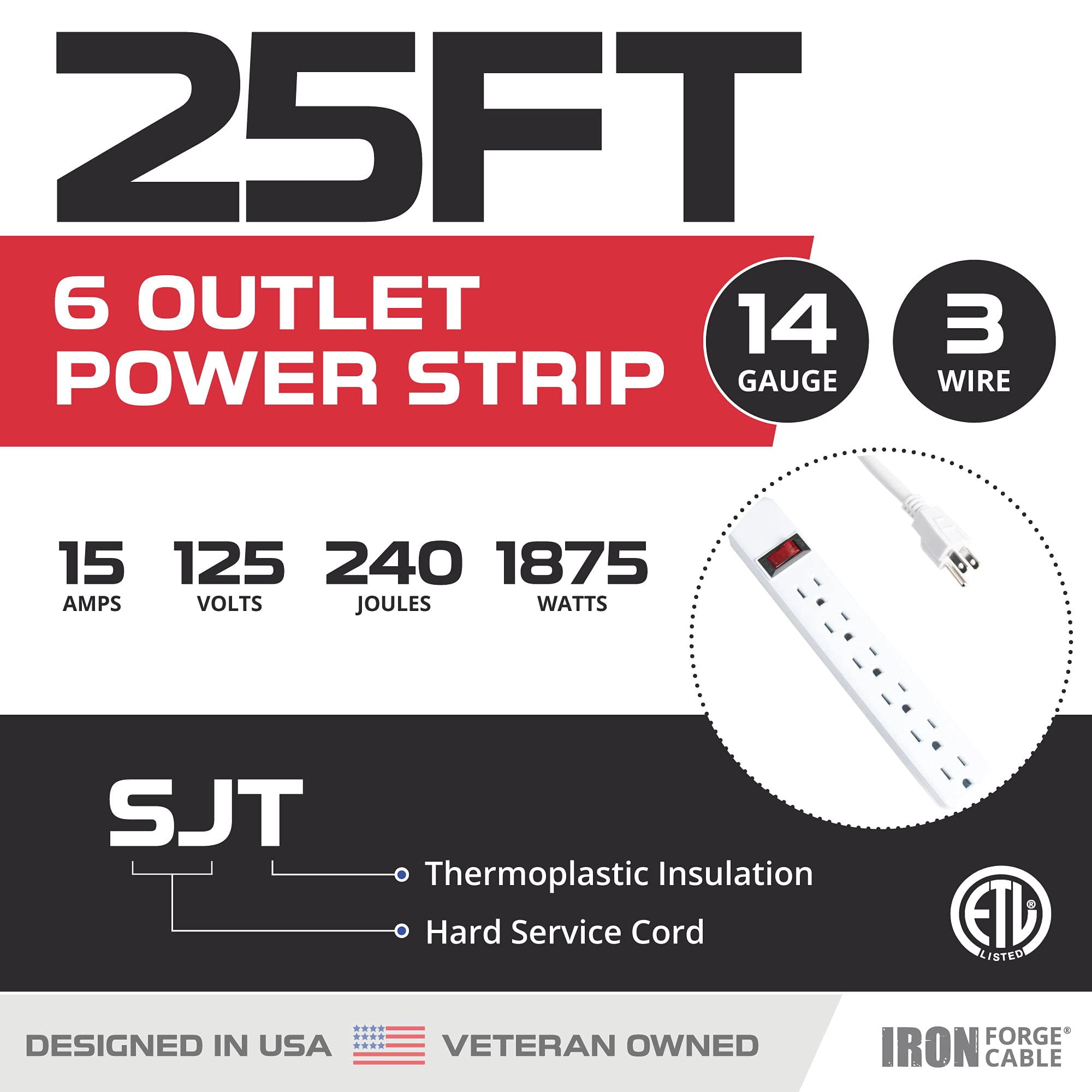 Iron Forge Cable 6 Outlet Surge Protector Power Strip 25 ft Cord, 14/3 SJT White with Long Cord 25 Foot, 240J Surge Protection, 15 Amp,1875 Watt