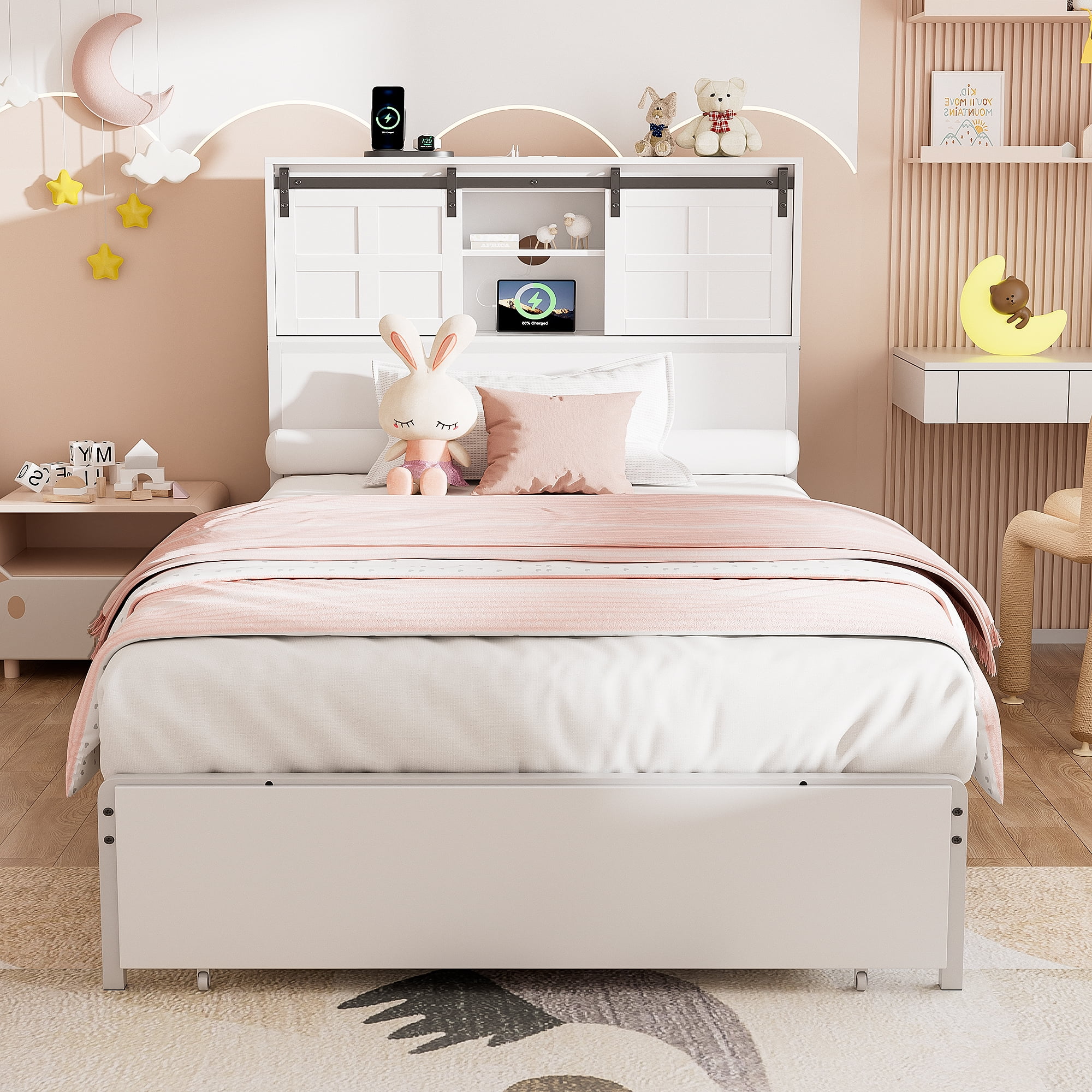 Twin Bed Frame with Storage Headboard & Drawer, 3-in-1 Charging Station, Sturdy Metal Frame, No Box Spring Needed, Noise-Free, Non-Slip Design –(White)