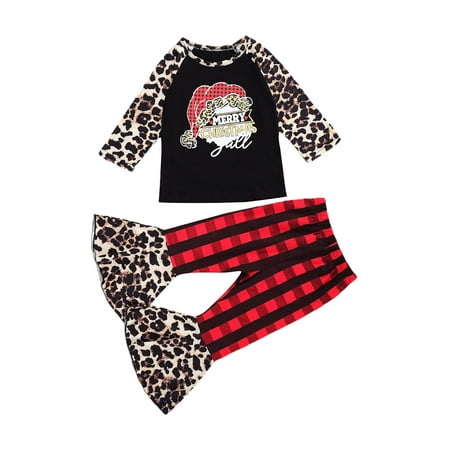 

Baby Girl s Outfit Sets Long Sleeve Patchwork Tops Leopard Print Plaid Flare Pants