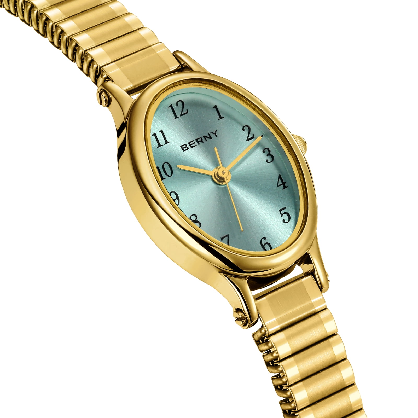 BERNY Small Gold Watches for Women, Dainty Luxury Oval Dial, Expansion Band Watch, Fashion Ladies Analog Quartz Watch, Waterproof Women Wristwatch Gifts, Light Blue