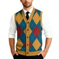 thumbnail image 2 of Domzest Mens Sweaters Slim Sleeveless V Neck Sweater Vest Casual Plaid Print Button Up Sweater Autumn Trendy Knit Top Yellow 4XL, 2 of 7