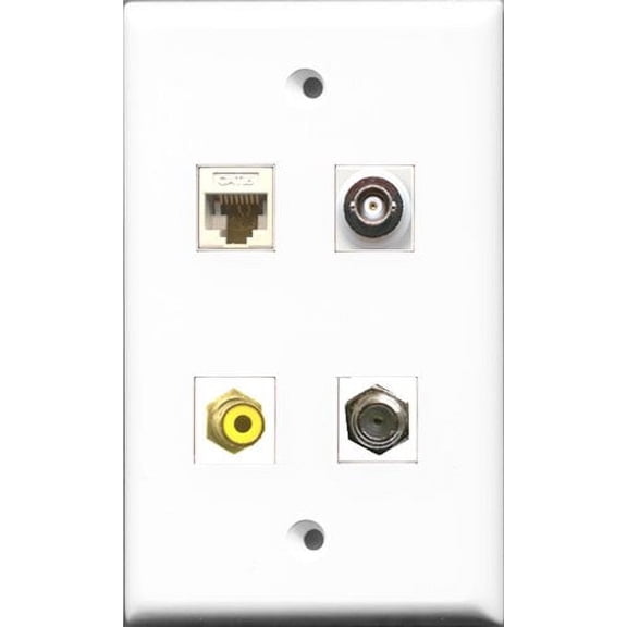 RiteAV 1 Port RCA Yellow and 1 Port Coax Cable TV- F-Type and 1 Port BNC and 1 Port Cat6 Ethernet White Wall Plate