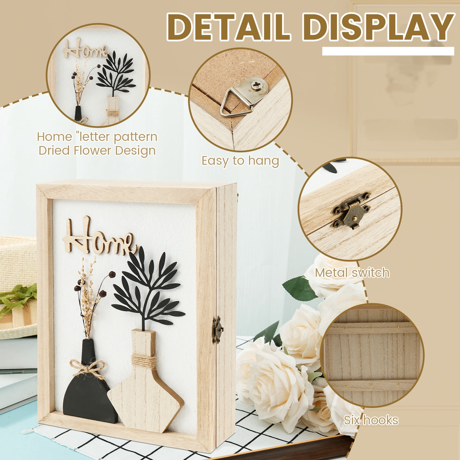 Sutowe Wooden Key Box Decorative Wall Mount Wooden Key Holder with 6 Hooks Rustic Access Card Hanger Organizer for Home Entryway Hallway