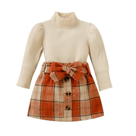

PRINxy Knit Bubble Sleeve Top and Plaid Skirt Set-Perfect for 6 Months to 3 Years-Soft and-Cute and Stylish Design-Ideal Gift for Little Girls Orange 12M
