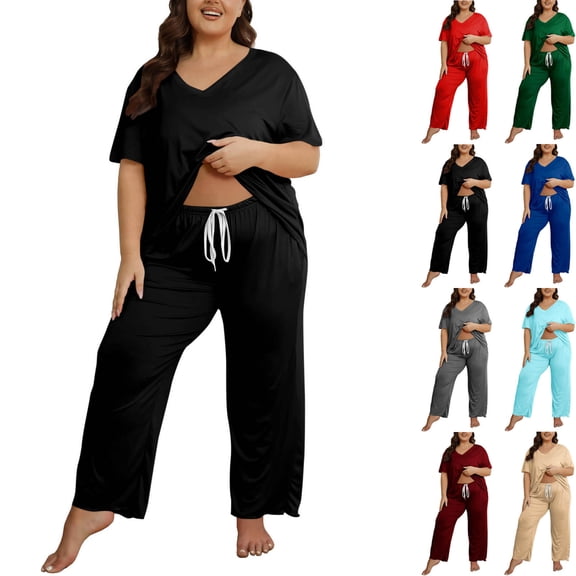 LIBRCLO Pajama Sets for Women Plus Size Fashionable Solid Color V-Neck Short Sleeved Tops And Long Pants Casual Home Suit Set