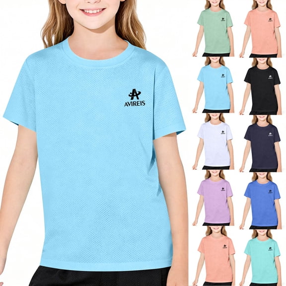 FRSASU Girl's Solid Summer Short Sleeves Crew Neck T-Shirts Casual Sport Soft Breathable Tee 2-18 Years White-B