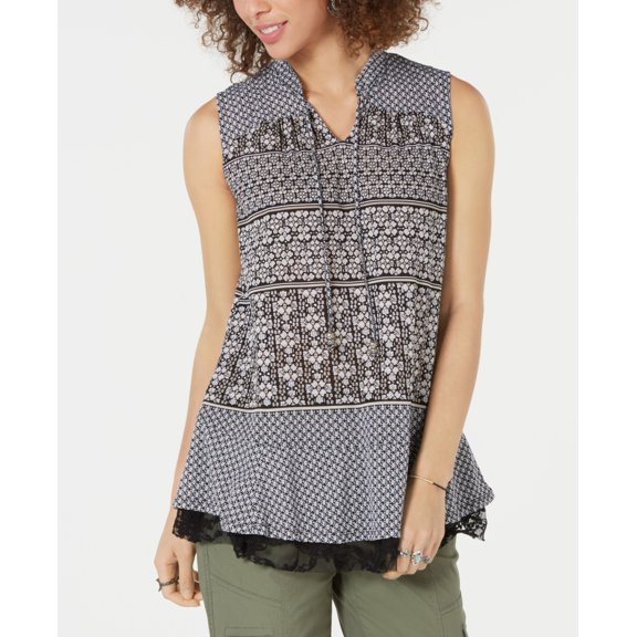Style & Co Printed Lace Trim Top New Wave Black M