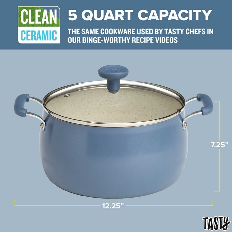 Tasty Clean Ceramic 5 Quart Non-Stick Aluminum Dutch Oven with Glass Lid,  Slate Blue