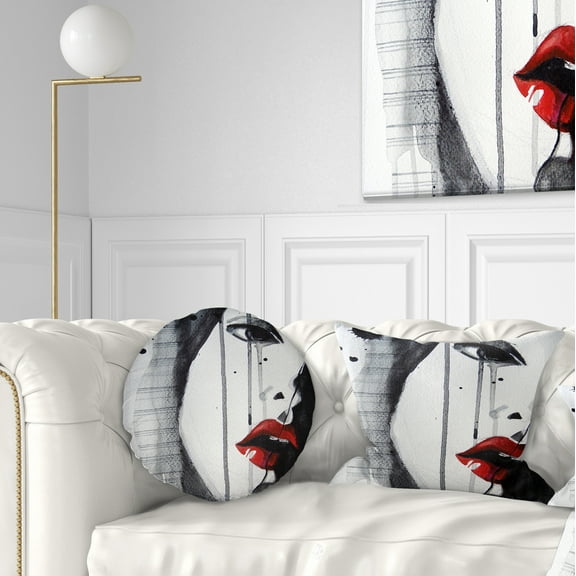 Designart Black Illustrated Girl Close up - Abstract Portrait Throw Pillow - 12x20